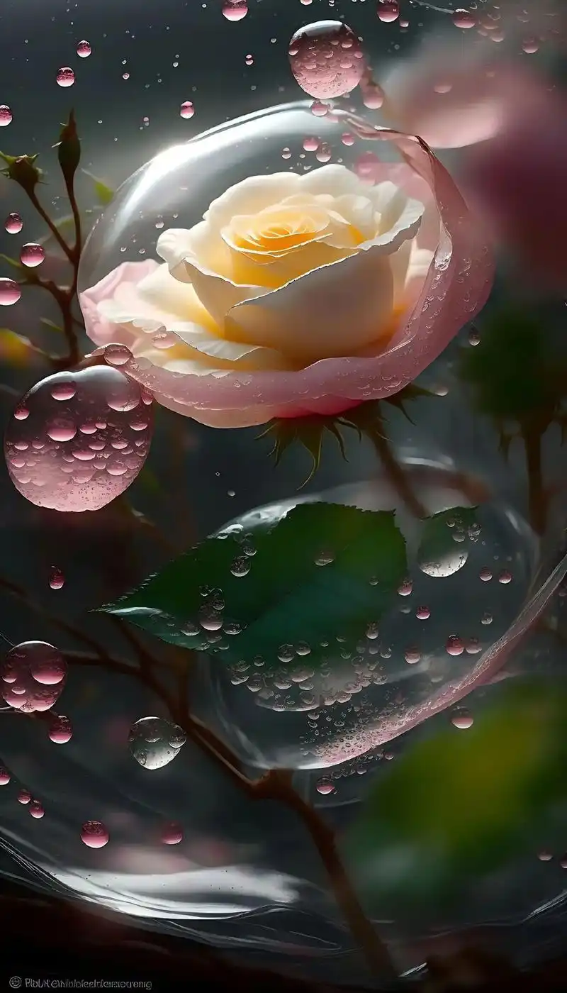 清晨在阳光照射下,外面开满粉色黄色月季花上面带着露珠,地下铺 - 抖