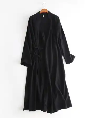 一片式系带简约禅意交领棉麻汉服长袍汉服男装 黑色 m