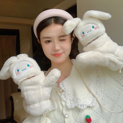 手套冬季女可爱ins少女学生保暖毛绒萌兔子翻盖漏指加绒防寒手套