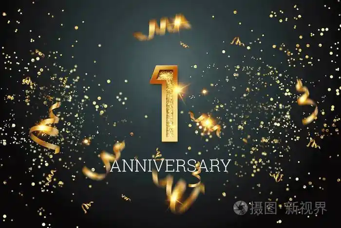 金色数字一周年庆典在黑暗的背景和五彩纸屑庆祝模板传单三维插图三维