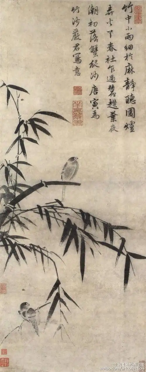 此作为唐寅赠友人严竹沙的一幅作品,画上自题:"竹中小雨细如麻,静听