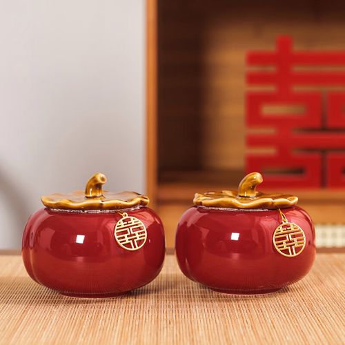 狮奥利兴红双喜罐装盒50支龙凤呈祥糖罐结婚一对喜庆柿子罐特大号茶叶