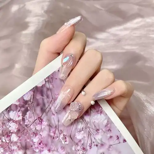 石膏山茶花光疗美甲贴片中长款甲片原创实拍纯手工穿戴甲手绘法式