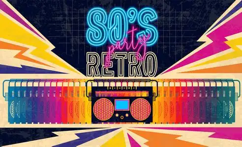 音乐播放器符号80年代复古音乐派对横幅或封面. 老式矢量.