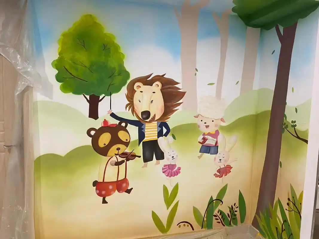 手绘墙 #墙绘壁画 #墙体彩绘 室内幼儿园彩绘 - 抖音