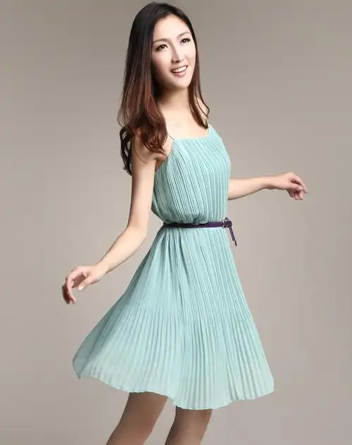 kopa绿色压绉雪纺吊带裙宽松连衣裙2012043096004_唯品会