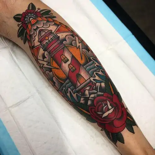 小腿oldschool灯塔纹身图案