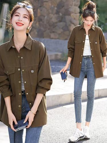 咖啡色牛仔衬衫外套女2024春装新款韩版宽松大码休闲中长款上衣潮