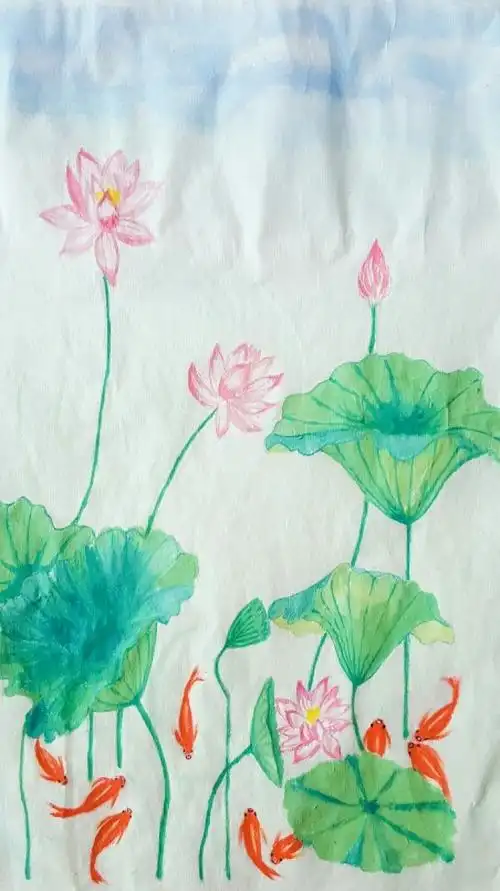 我的水彩画 九鱼荷花图