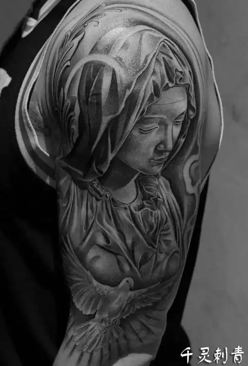 写实大臂圣母玛利亚纹身手稿图案_成都千灵刺青纹身