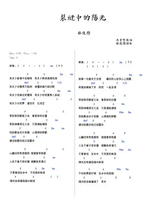 林俊杰裂缝中的阳光吉他谱c调吉他弹唱谱和弦谱