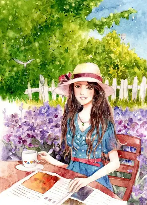 水彩画手绘女孩插画作者by云丛