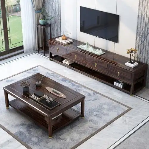 桐新中式实木电视柜现代轻奢高档乌金木黑檀色储物柜地柜客厅家具组合