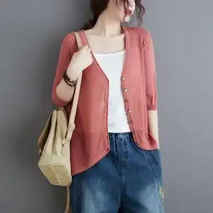 薄款棉麻防晒针织衫开衫外搭空调衫女v领短款外套潮2022新款夏季