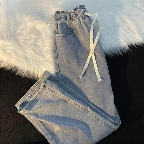 美式复古牛仔裤女薄宽松百搭潮流潮牌阔腿九分休闲长裤子 复古浅蓝色