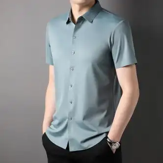 他她怡高端无痕工艺夏季纯色衬衫男士舒适透气休闲半袖短袖衬衣男兰色