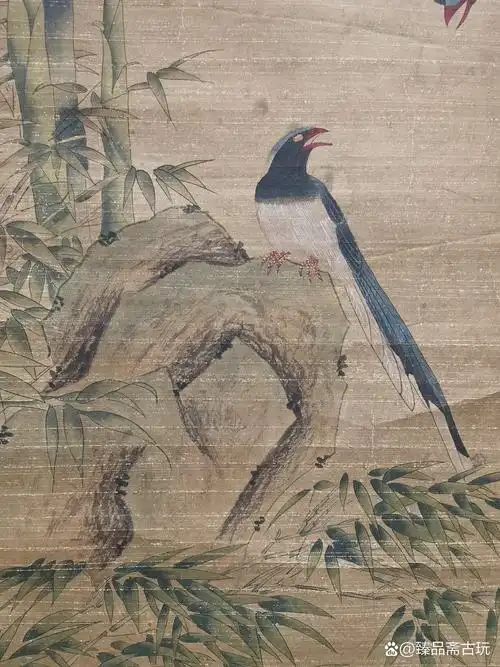 宋代·文同【梅竹喜鹊图】:画芯65x135cm,原装老裱.