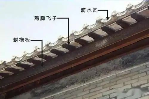 从外到内分别是:滴水瓦,鸡胸飞子,封檐板.