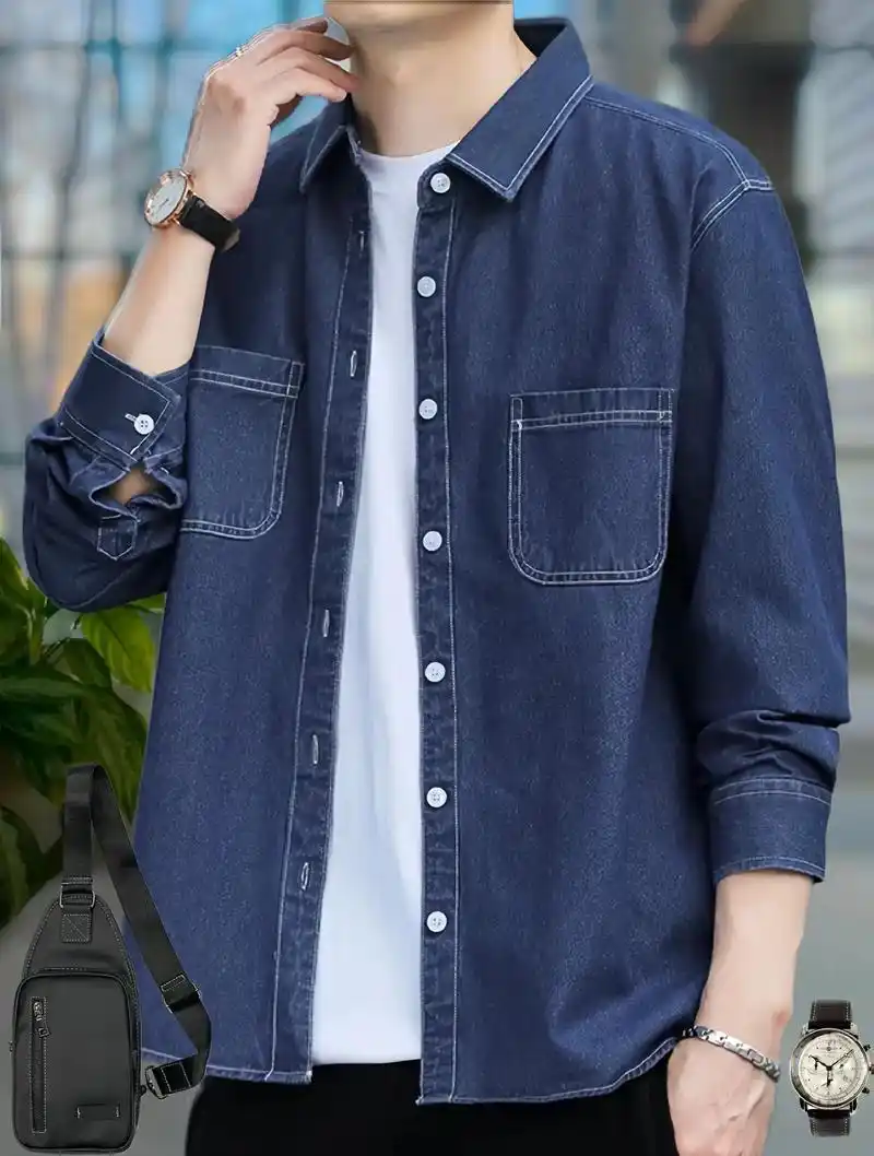 休闲宽松男士衬衫 我的牛仔纯棉长袖衬衫真是帅得一塌糊涂!