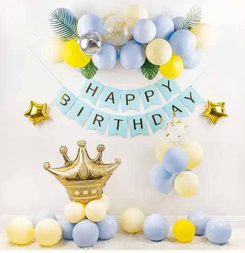 男孩宝宝1一周岁生日布置装饰百日宴满月马卡龙蓝色气球链背景墙2