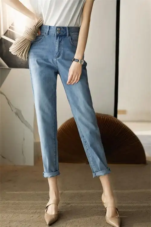 卡丝拉狄cathyladi牛仔裤女时髦通勤直筒裤春秋新款浅蓝色s