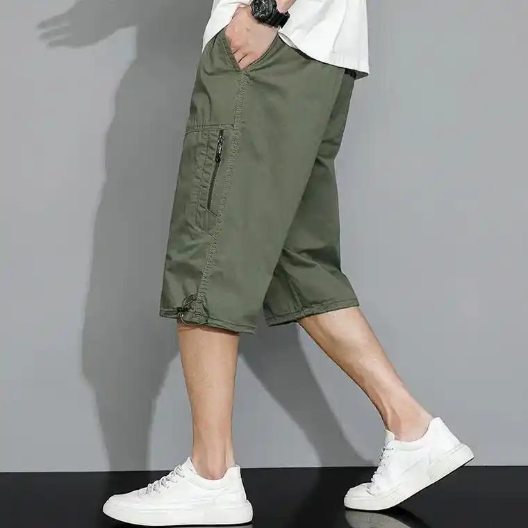 夏季七分裤男纯棉中裤薄款宽松短裤松紧腰.