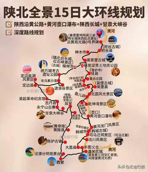陕西陕北全景沿黄公路15日大环线旅游攻略路线图原创
