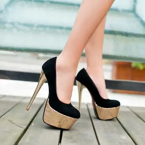 供应性感夜店16cm超高跟亮片防水台舞会鞋 时尚百搭绒面约会婚纱单鞋