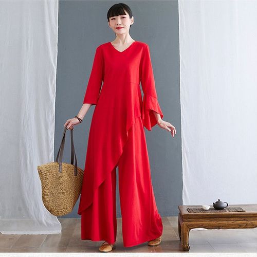 禅舞提花棉套装茶服中国风仙女范大红色禅意飘逸中式女装连衣裙