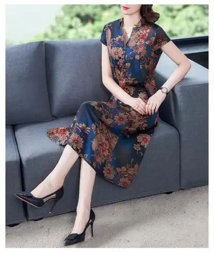 贵夫人香云纱真丝连衣裙新款阔太太桑蚕丝妈妈大码加肥加大中长裙