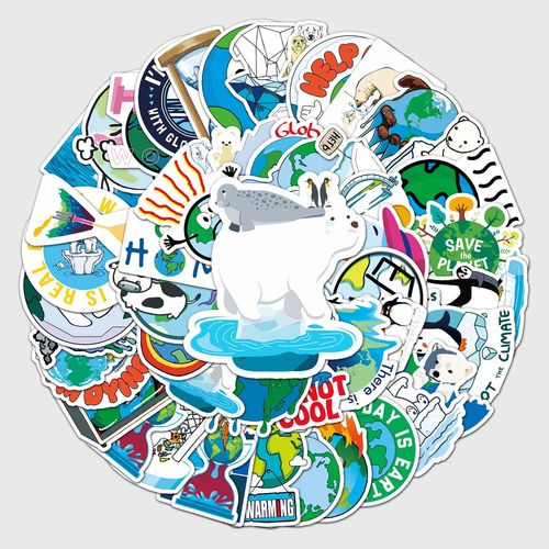 50张全球气候变暖涂鸦贴画卡通保护环境diy滑板行李箱防水贴纸