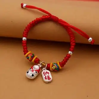 珍晶禧99足银端午节手工编织宝宝手绳本命年红绳手链男女儿童银饰本命