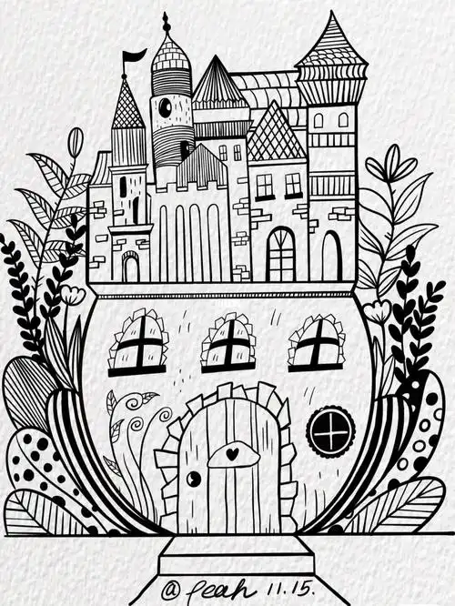 熟悉就把之前手绘的作品拉来当练习线条啦黑白装饰画～花草组合的城堡