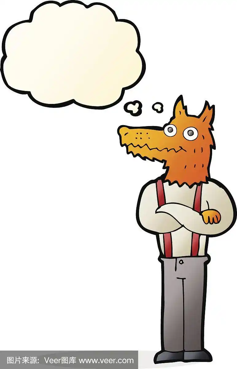 卡通滑稽的狐狸与思想泡泡