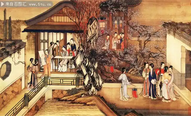 月漫清游图国画古代宫廷仕女图