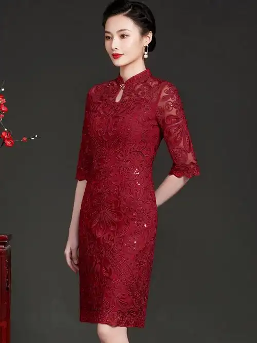 喜婆婆婚宴装旗袍洋气夏季母亲女儿结婚礼服连衣裙 紫红色7 平时可穿