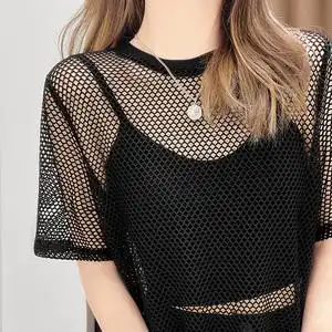 黑色防晒罩衫女夏季中长款镂空t恤网格宽松透视五分中袖渔网上衣