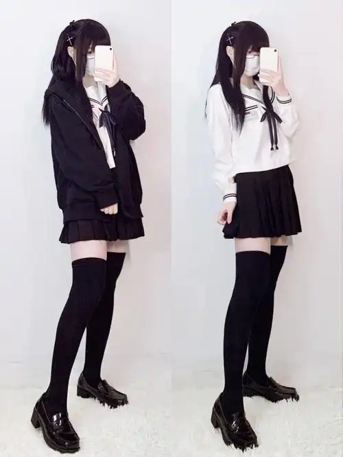 ootd黑二本水手服压力过膝袜jk制服
