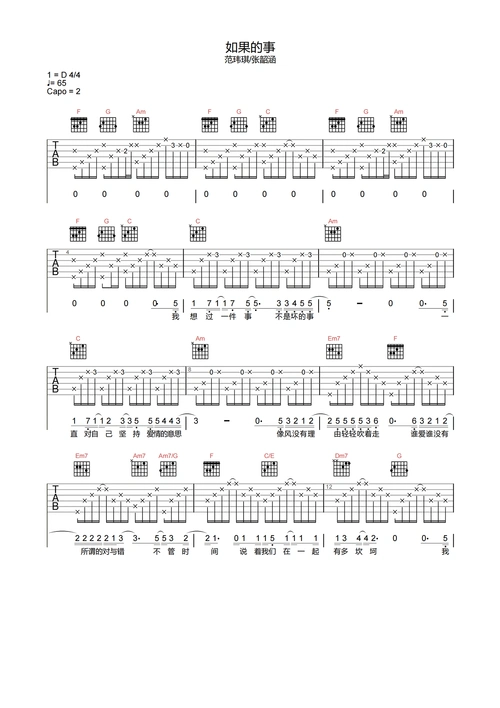 如果的事吉他谱-范玮琪/张韶涵-c调原版弹唱谱-吉他六线谱