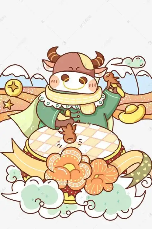 可爱卡通春节牛年元素国潮新年喜庆春节2021牛年卡通小牛形象财神元素