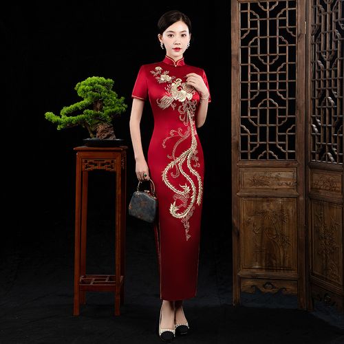 醋酸旗袍长款高端礼服体面金线绣凤气质优雅婚礼妈妈旗袍中式复古