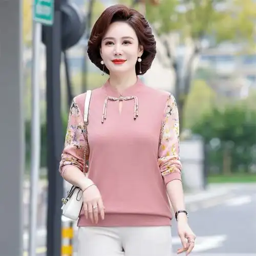 t恤时尚妈妈春装上衣打底衫长袖新款洋气中老年女装休闲针织小衫