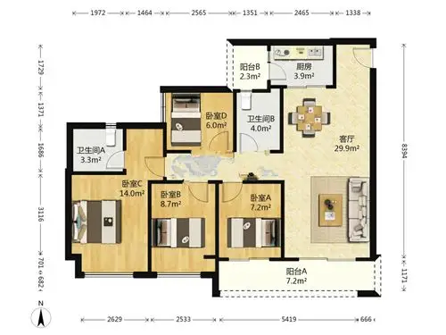 沙坪坝区 富力城新壹站4房2500元/月租房户型图