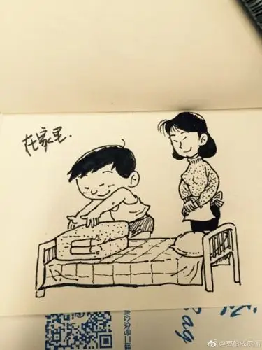 妈妈教孩子做家务叠被子的简笔画教程图片勤奋做家务叠被子的小男孩简