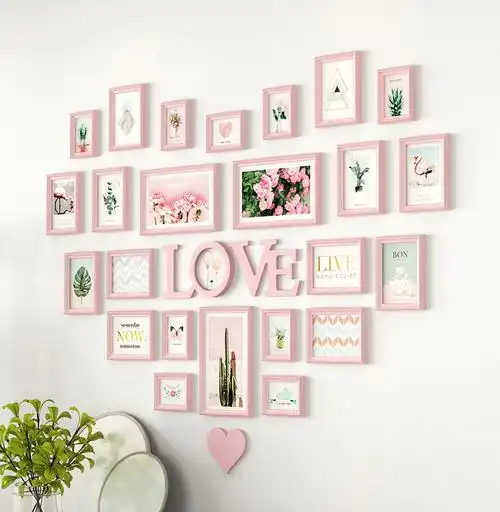 照片墙装饰相框挂墙免打孔组合轻奢心型网红相册墙心形家庭相片墙14框