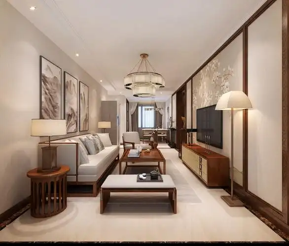 到到客厅及餐厅整体的区域较为宽敞,整体的空间采用的是新中式风格