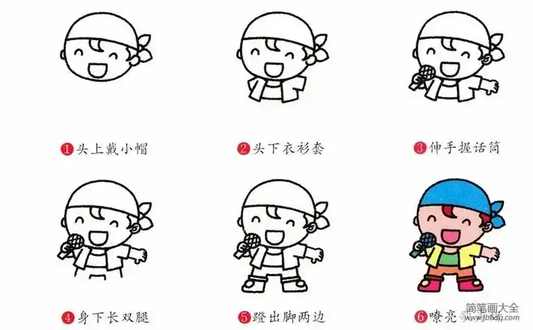 伸手握话筒头上戴小帽头下衣衫套简笔画大全6嘹亮蹬出脚两边身下 - 抖