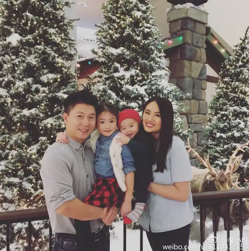 照片中,李小鹏抱着女儿奥莉,李安琪抱着儿子,一家四口依偎在圣诞树前