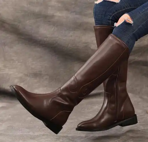 女款骑士高腰马靴头层牛皮皮里皮面