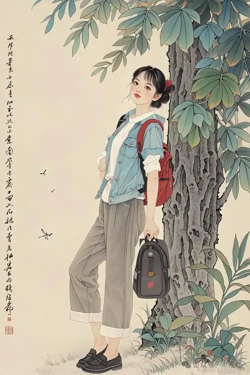 工笔画国风古韵之大树与少女